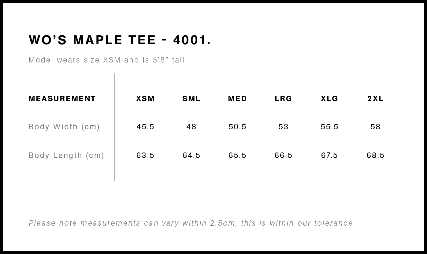 Women's Tees Size Guide